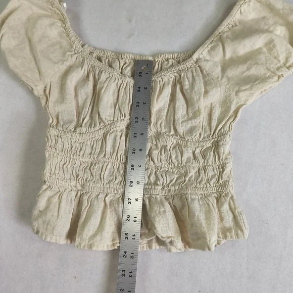 Sim & Sam Cream Linen Blend Smocked Peplum cropped Blouse Small Cottagecore boho - Picture 7 of 8